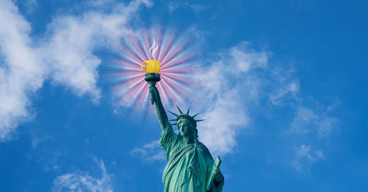 About Us (photo graphic of the Statue of Liberty with a golden coffee cup atop her torch) - Coffee Party USA.