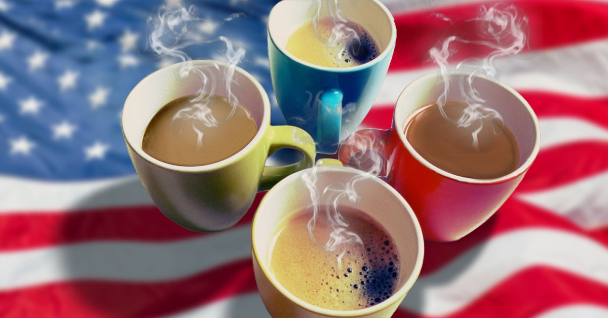 Coffee Party USA - E-Newsletter Signup - photo with four steaming coffee cups with an American flag in the background.